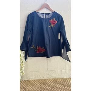 Mine Navy & White Floral Pinstripe Top with Bell Sleeves and Tie Cuff Size Large